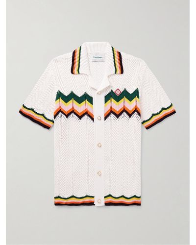 Casablancabrand Camp-collar Logo-appliquéd Striped Crocheted Cotton Shirt - Natural