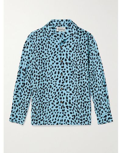 Wacko Maria Camp-collar Leopard-print Tm Lyocell Shirt - Blue