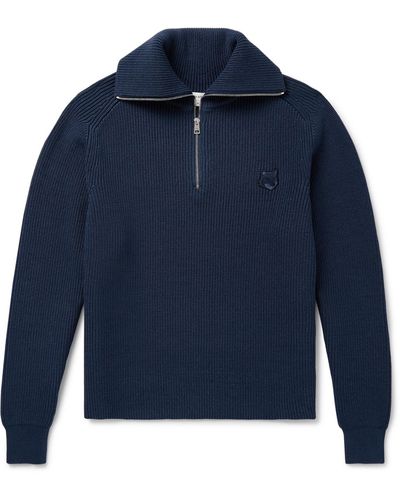 Maison Kitsuné Logo-appliquéd Ribbed Cotton-blend Half-zip Sweater - Blue