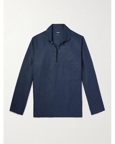Drake's Linen Half-placket Shirt - Blue