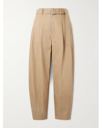 Jil Sander Belted Tapered Pleated Cotton-canvas Trousers - Natural