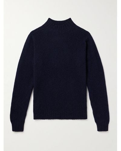 Drake's Pullover aus gebürsteter Shetland-Wolle mit Stehkragen - Blau