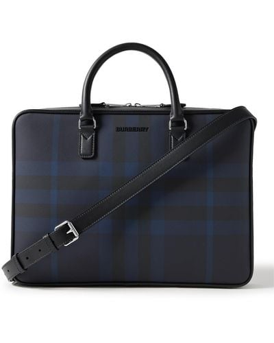 Burberry Leather-trimmed Checked Coated-canvas Briefcase - Blue