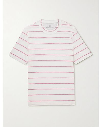 Brunello Cucinelli T-shirt in misto lino e cotone a righe - Bianco