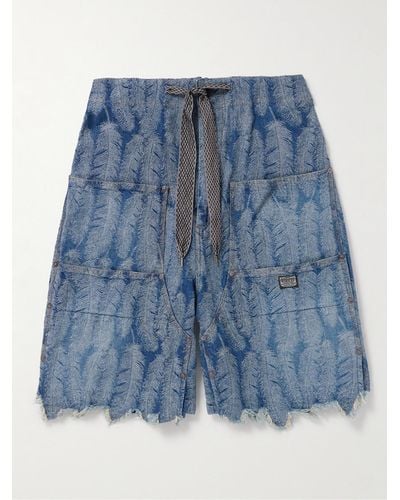 Kapital Magpie Straight-leg Frayed Denim-jacquard Drawstring Shorts - Blue