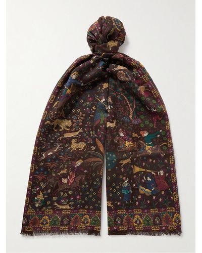 Drake's Mughal Hunter Frayed Printed Wool And Silk-blend Scarf - Brown