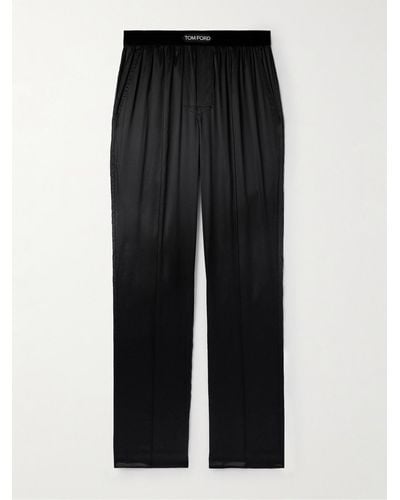 Tom Ford Pyjama-Hose aus Stretch-Seidensatin mit Samtbesatz - Schwarz