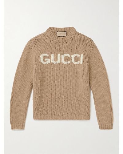 Gucci Pullover aus Wolle mit Intarsienlogomotiv - Natur