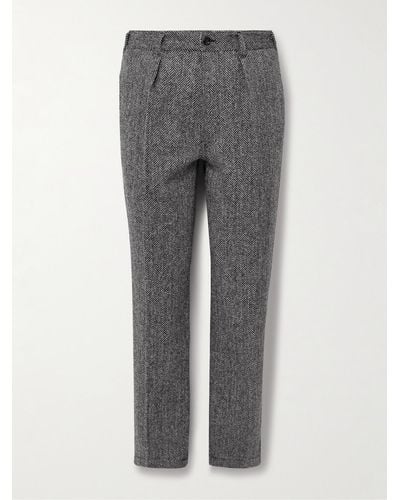 Drake's Pantaloni slim-fit in tweed di lana a spina di pesce con pinces Games - Grigio