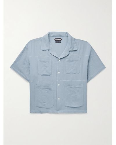 CHERRY LA Camicia in garza di cotone con colletto aperto Vacation - Blu