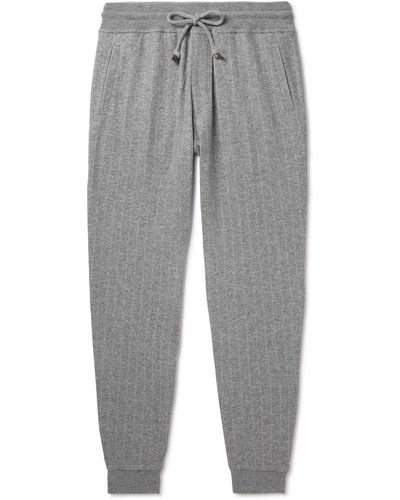 Brunello Cucinelli Tapered Pinstriped Cashmere And Cotton-blend Sweatpants - Gray