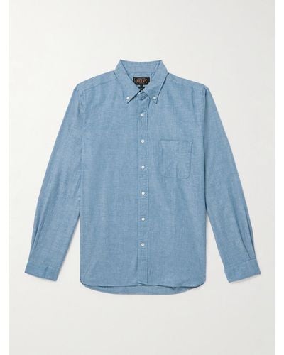 Beams Plus Camicia in chambray di cotone con collo button-down - Blu