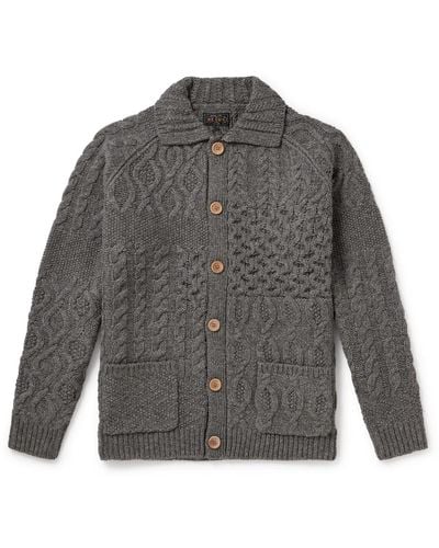 Beams Plus Alan Patchwork Cable-knit Wool Cardigan - Gray