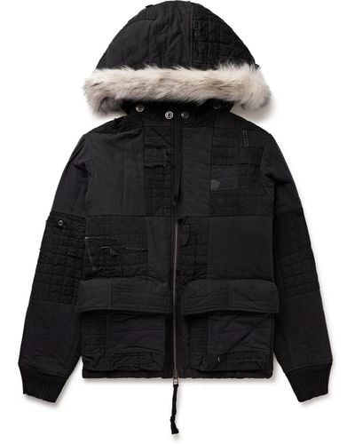 Greg Lauren Faux Fur-trimmed Distressed Patchwork Cotton-blend Hooded Jacket - Black