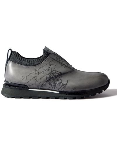 Berluti Scritto Cashmere-trimmed Venezia Leather Slip-on Sneakers - Black