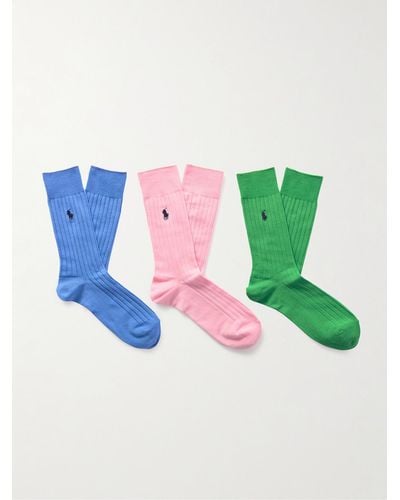 Polo Ralph Lauren Three-pack Logo-embroidered Ribbed Cotton-blend Socks - Blue