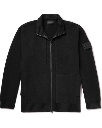 Stone Island Logo appliqu d Ribbed Wool Zip up Cardigan in Black