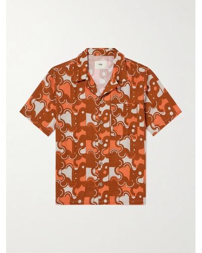 Folk Hemd aus bedruckter Ramie mit Reverskragen - Orange