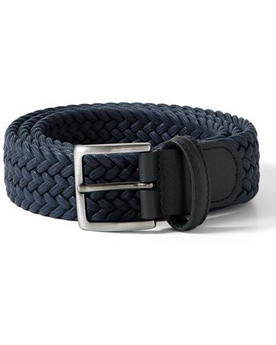 Anderson's 3.5cm Leather-trimmed Woven Elastic Belt - Blue