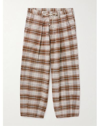 STORY mfg. Lush Wide-leg Pleated Checked Cotton Trousers - Brown