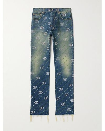 Gucci Straight-leg Frayed Crystal-embellished Jeans - Blue