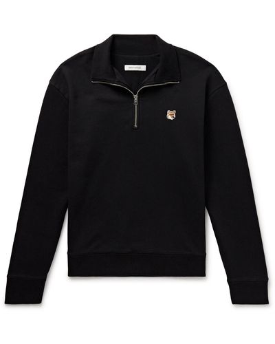 Maison Kitsuné Logo-appliquéd Cotton-jersey Half-zip Sweatshirt - Black