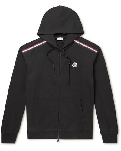 Moncler Logo-embroidered Striped Cotton-jersey Zip-up Hoodie - Black
