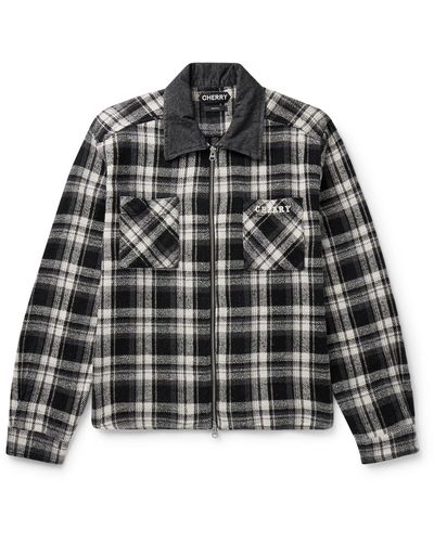 CHERRY LA Chambray-trimmed Logo-embroidered Checked Cotton-flannel Shirt Jacket - Black