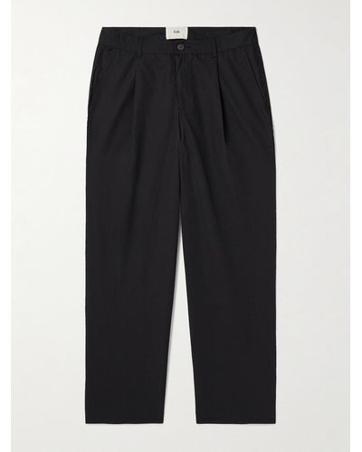 Folk Wide-leg Pleated Cotton And Linen-blend Twill Pants - Black