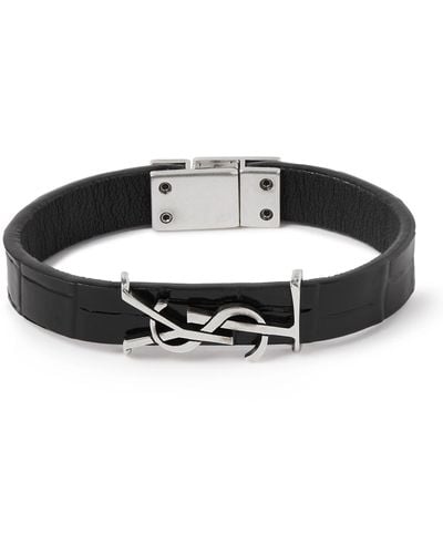 Saint Laurent Cassandre Croc-effect Leather And Silver-tone Bracelet - Black
