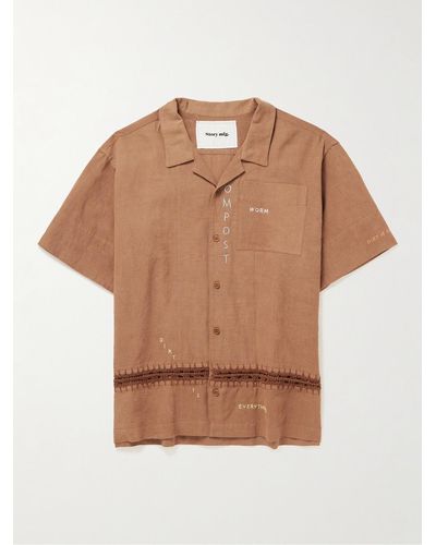 STORY mfg. Camp-collar Crochet-trimmed Embroidered Cotton And Linen-blend Shirt - Natural