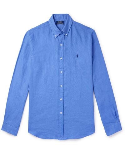Polo Ralph Lauren Button-down Collar Logo-embroidered Linen Shirt - Blue