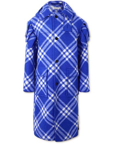 Burberry Checked Wool Hooded Coat - Blue