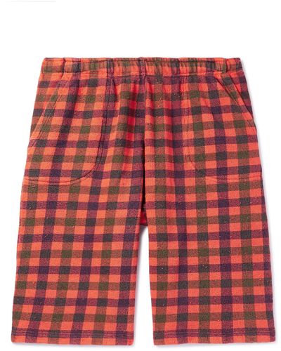 ERL Straight-leg Distressed Checked Cotton-jersey Shorts - Red