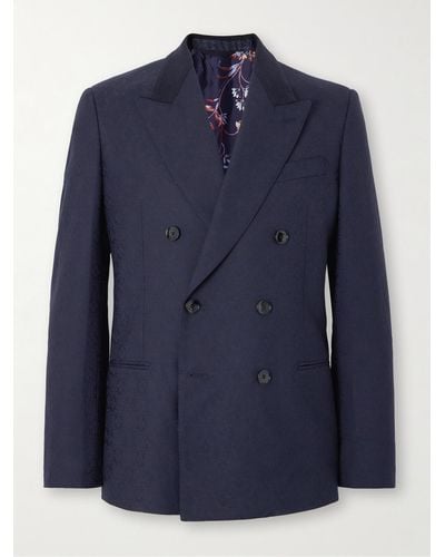 Etro Double-breasted Felt-trimmed Wool-jacquard Suit Jacket - Blue
