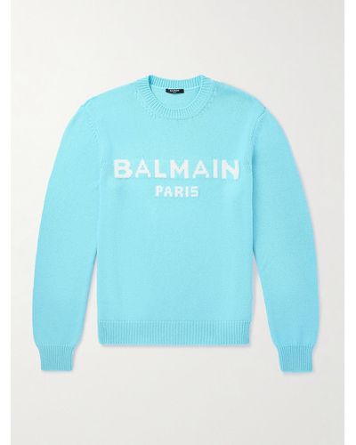 Balmain Logo-intarsia Wool-blend Jumper - Blue