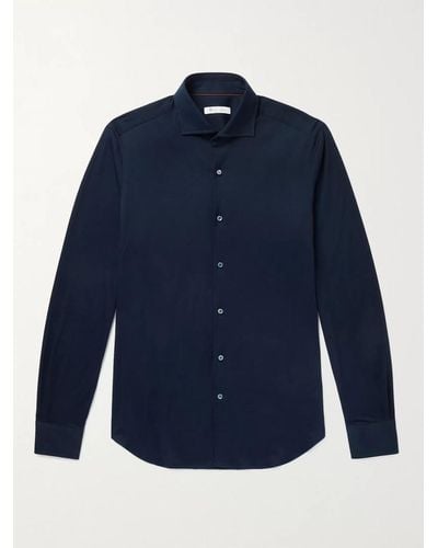 Loro Piana Andrew schmal geschnittenes Hemd aus Baumwoll-Jersey mit Cutaway-Kragen - Blau