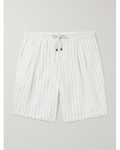 Brunello Cucinelli Gerade geschnittene Shorts aus gestreiftem Leinen mit Kordelzugbund - Weiß