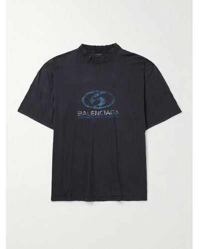 Balenciaga Distressed Logo-print Cotton-jersey T-shirt - Blue