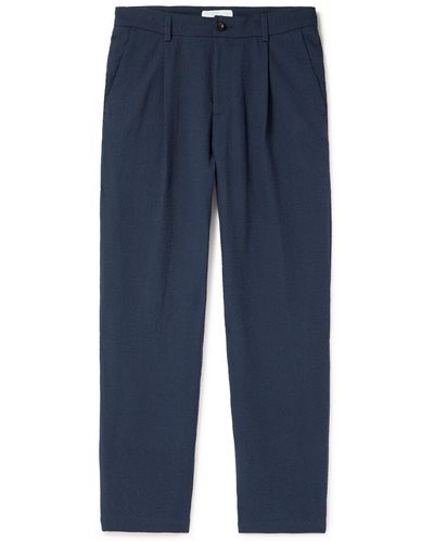 MR P. Straight-leg Pleated Cotton-blend Seersucker Pants - Blue