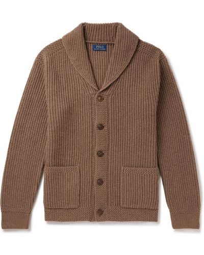 Polo Ralph Lauren Shawl-collar Ribbed Wool And Cashmere-blend Cardigan - Brown