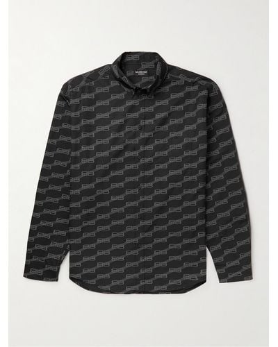 Balenciaga Oversized Button-Down Collar Logo-Print Cotton-Poplin Shirt - Nero