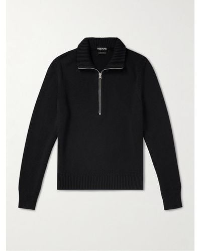 Tom Ford Ribbed Merino Wool And Silk-blend Half-zip Sweater - Black
