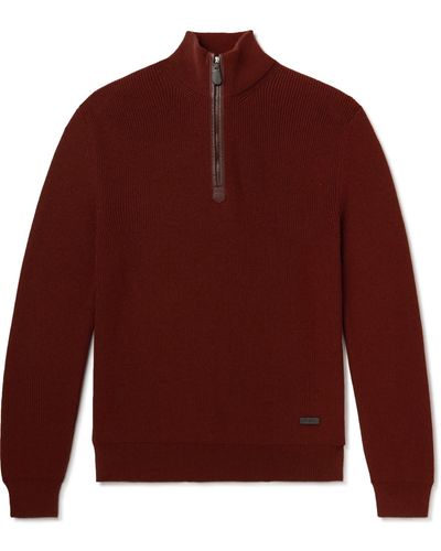 Loro Piana Leather-trimmed Ribbed Wool Half-zip Sweatshirt - Red