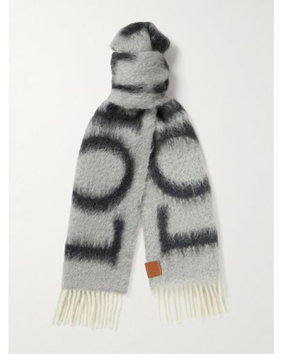 Loewe Fringed Leather-trimmed Jacquard-knit Scarf - Grey