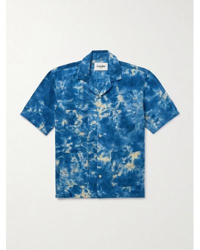 Corridor NYC Hemd aus einer Baumwoll-Leinenmischung mit Batikmuster und wandelbarem Kragen - Blau