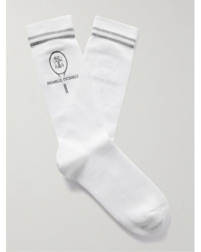 Brunello Cucinelli Logo-embroidered Striped Ribbed Cotton-blend Socks - White