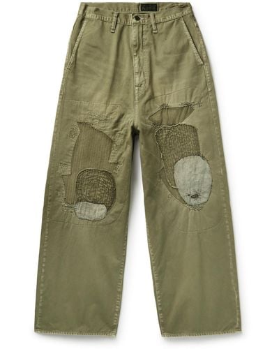 Kapital Katsuragi Port Wide-leg Patchwork Distressed Cotton-twill Pants - Green