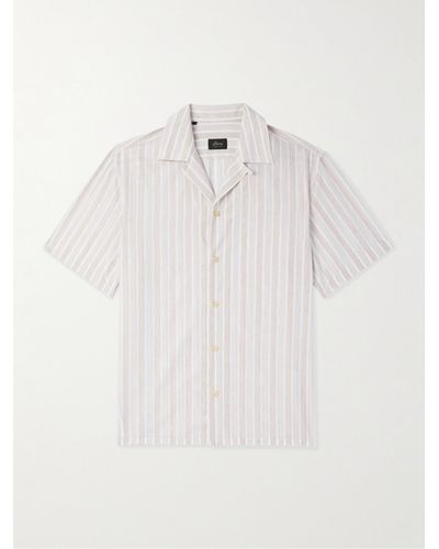 Brioni Convertible-collar Striped Cotton And Linen-blend Shirt - Natural