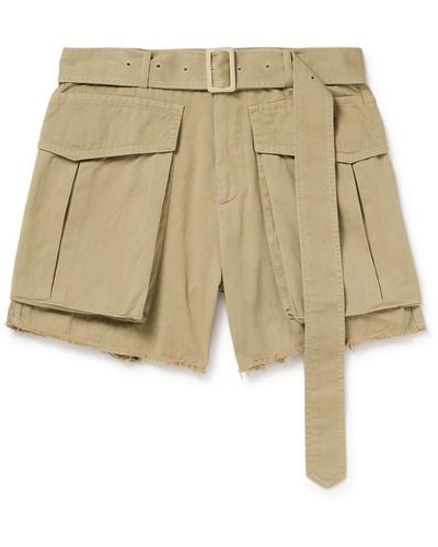 Dries Van Noten Straight-leg Belted Frayed Cotton-gabardine Cargo Shorts - Natural